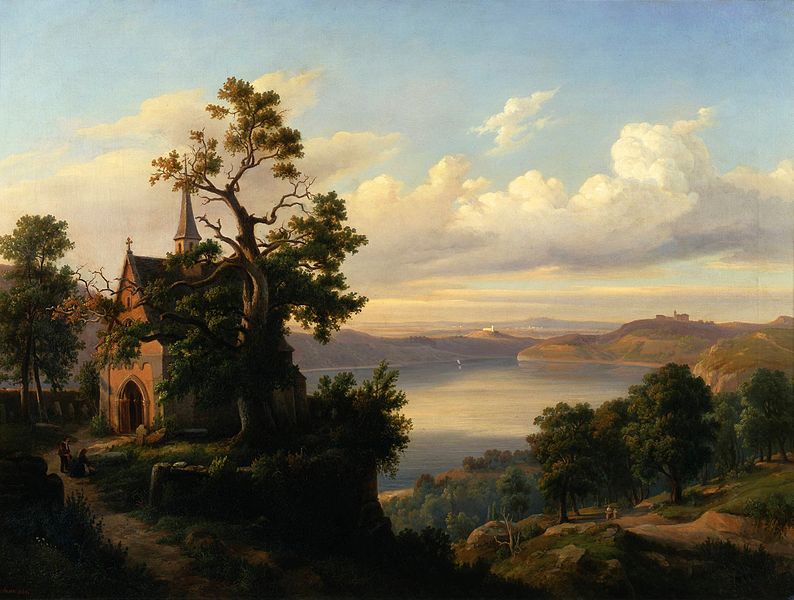 Landscape with a lake and a Gothic church, by Chrystian Breslauer.