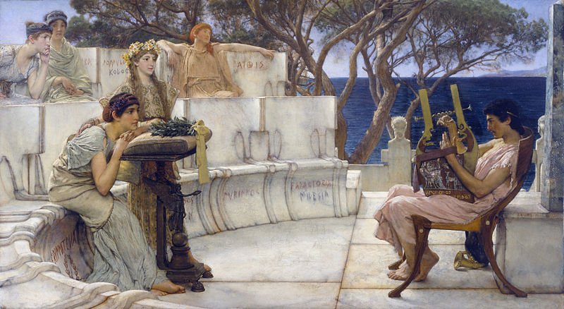 Lyric poetry could be sung or accompanied in its recitation by the lyre; hence the name that this type of possessed received.
Picture: Sappho and Alcaeus, by Lawrence Alma. Source: Walters Art Museum. Image  Creative Commons Attribution-Share Alike 3.0 Unported License