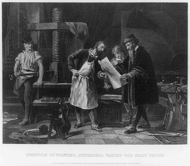 Printing press illustration. Author Unknown (1869). Downloaded from https://commons.wikimedia.org/wiki/File:Invention_of_printing_-_Gutenberg_taking_the_first_proof_LCCN2006690328.jpg