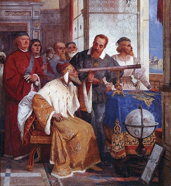 Galileo Galilei showing the Doge of Venice how to use the telescope, by Giuseppe Bertini (1858). Downloaded from https://commons.wikimedia.org/wiki/File:Bertini_fresco_of_Galileo_Galilei_and_Doge_of_Venice.jpg