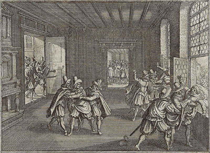 Third  Defenestration of Prague. Unknown author. Downloaded from https://commons.wikimedia.org/wiki/File:Prager.Fenstersturz.1618.jpg