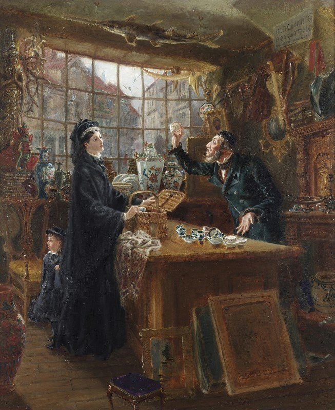 The Old China Shop (1877), by Ralph Hedley. Downloaded from https://artvee.com/dl/the-old-china-shop/