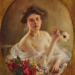 Portrait of a young woman with flowers, by Albert Lynch (Peruvian , 1860–1950). Downloaded from https://artvee.com/dl/portrait-of-a-young-woman-with-flowers/